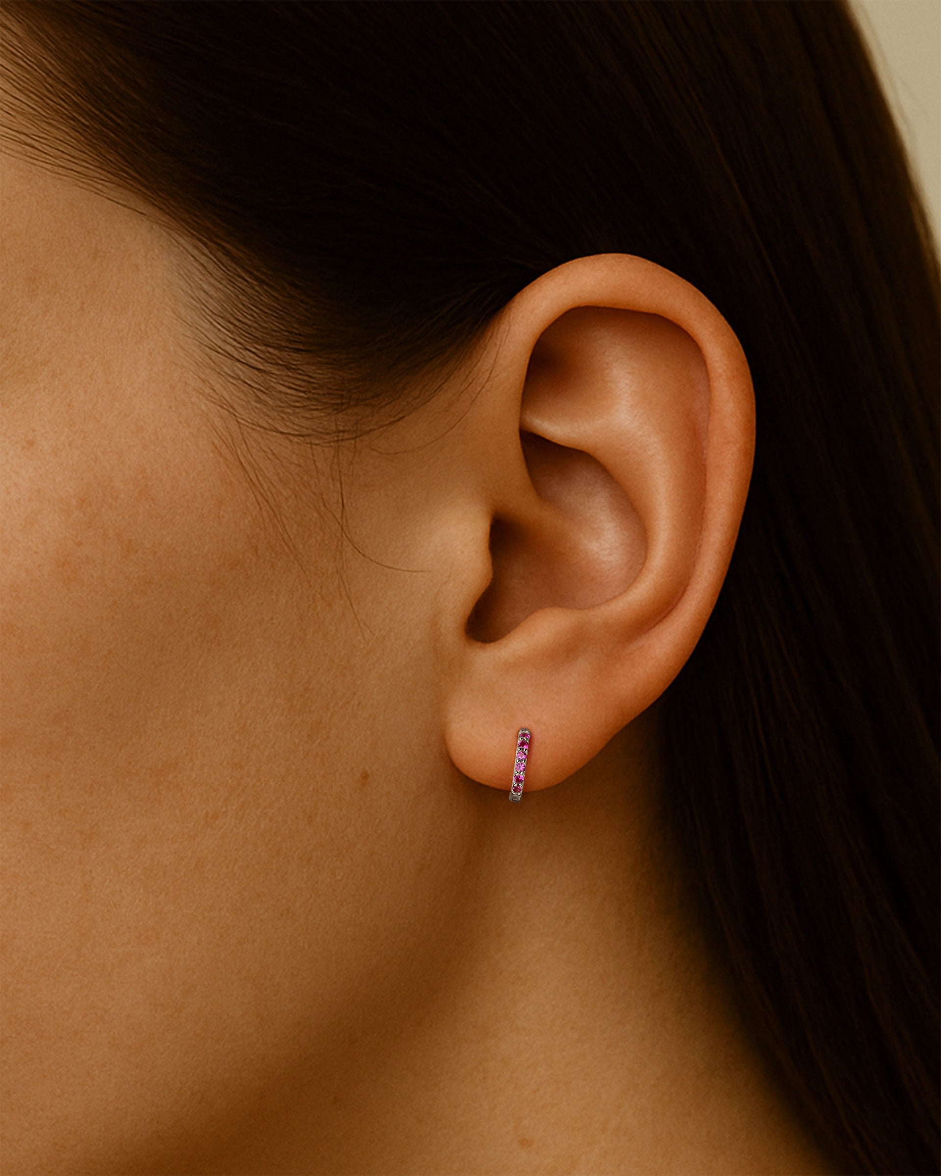 Mini Pave Huggie Hoops in Silver — Ruby — alternate view