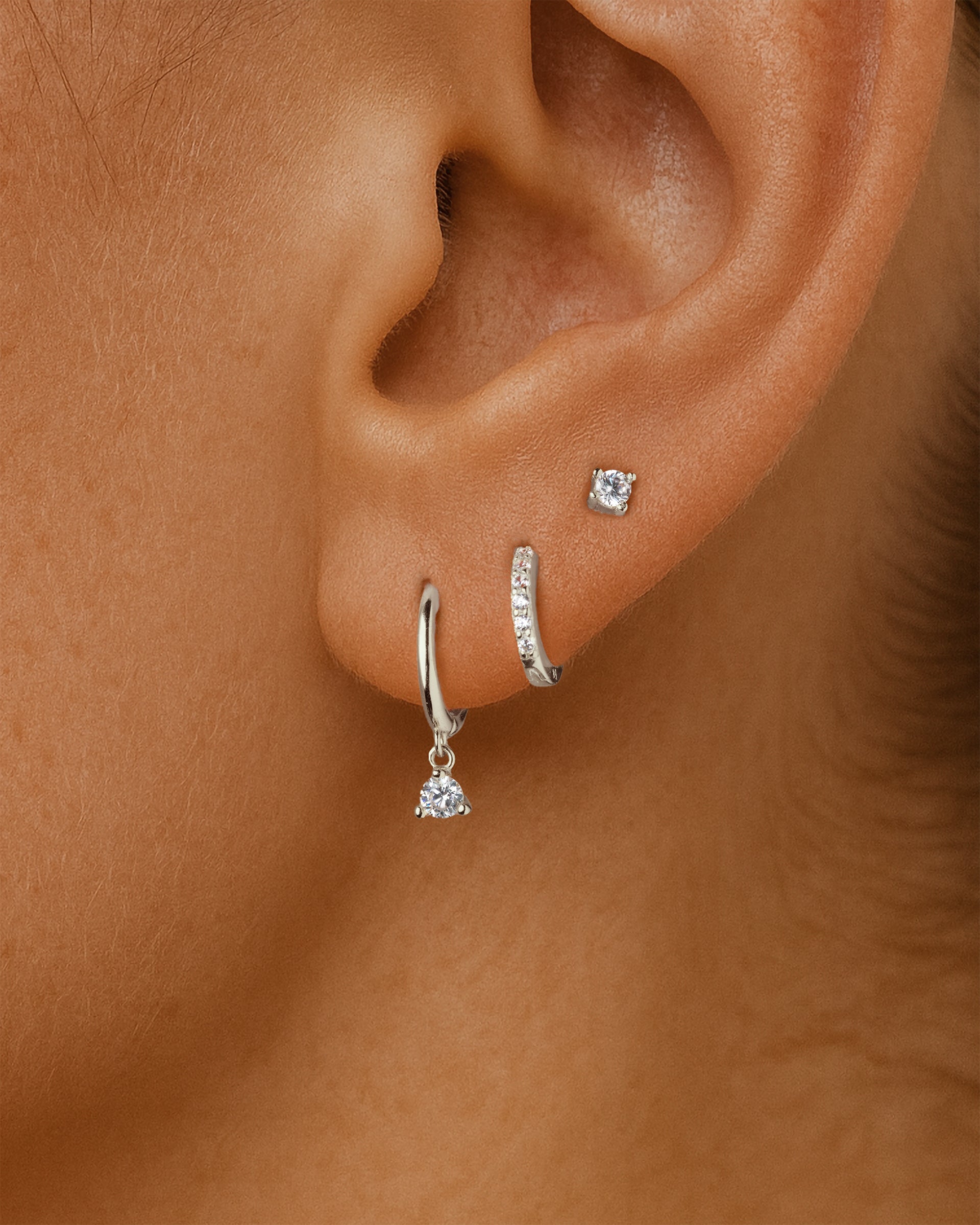 Solitaire Dangle Huggie Hoops in Silver — alternate view