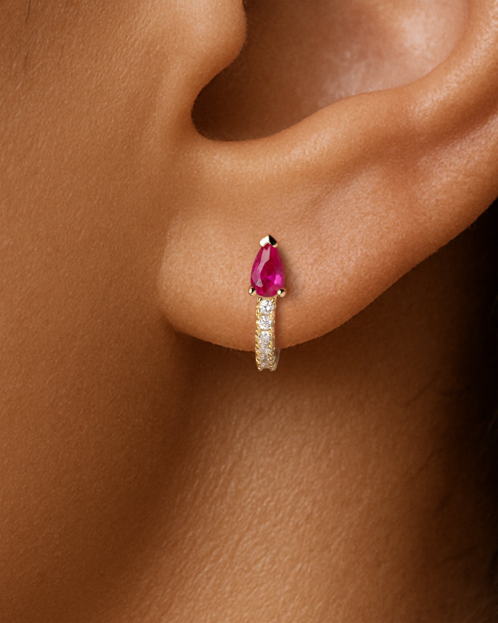Teardrop Pave Huggie Hoops in Gold — Ruby — alternate view
