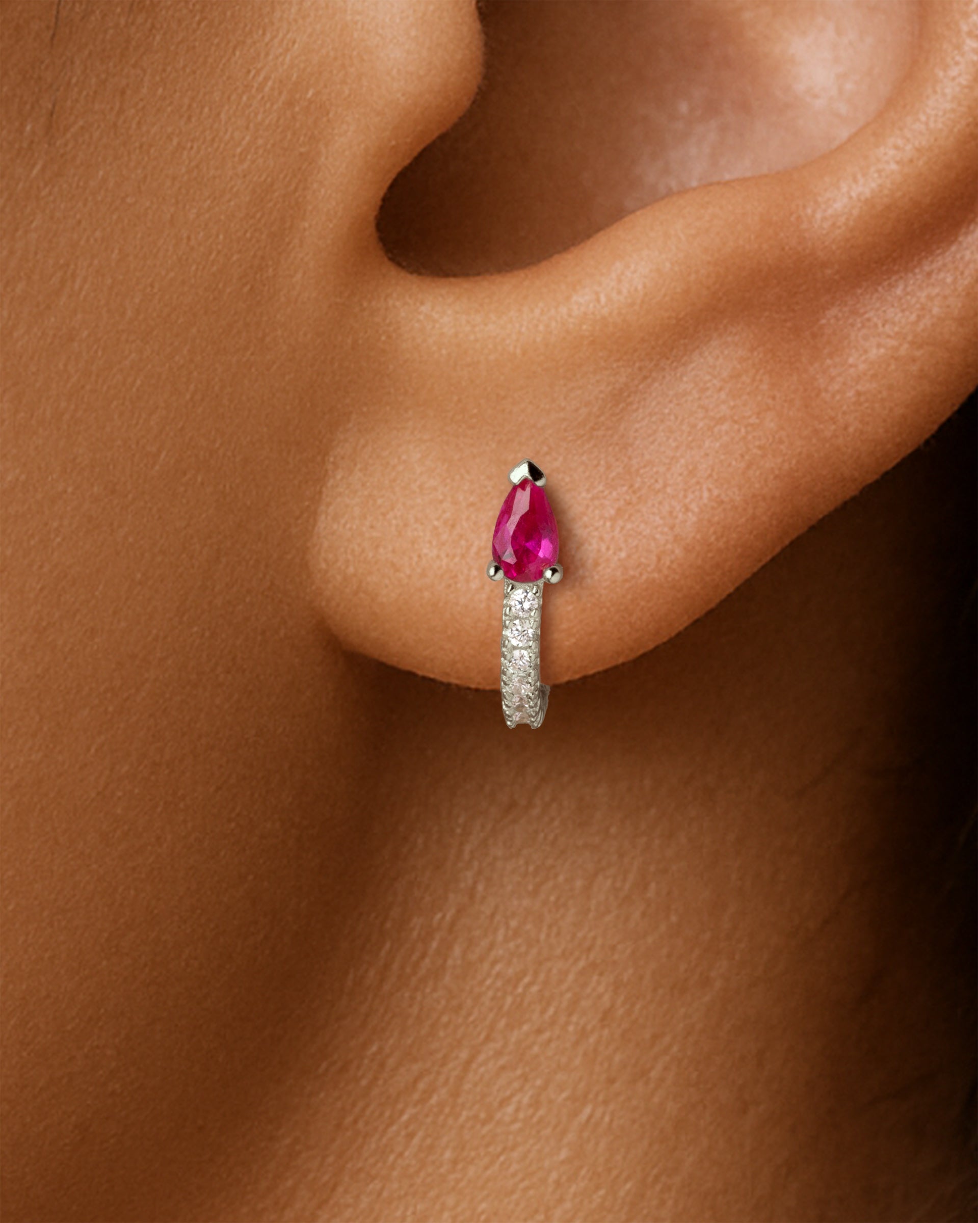 Teardrop Pave Huggie Hoops in Silver — Ruby — alternate view