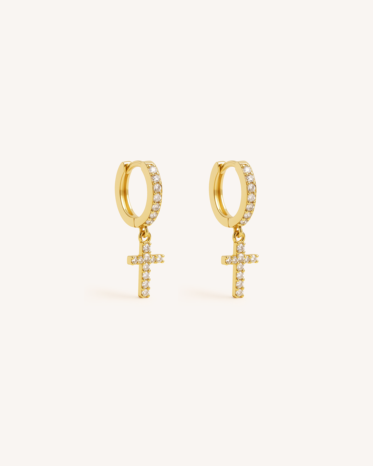 Tiny Cross Pave Dangle Huggie Hoops in Gold
