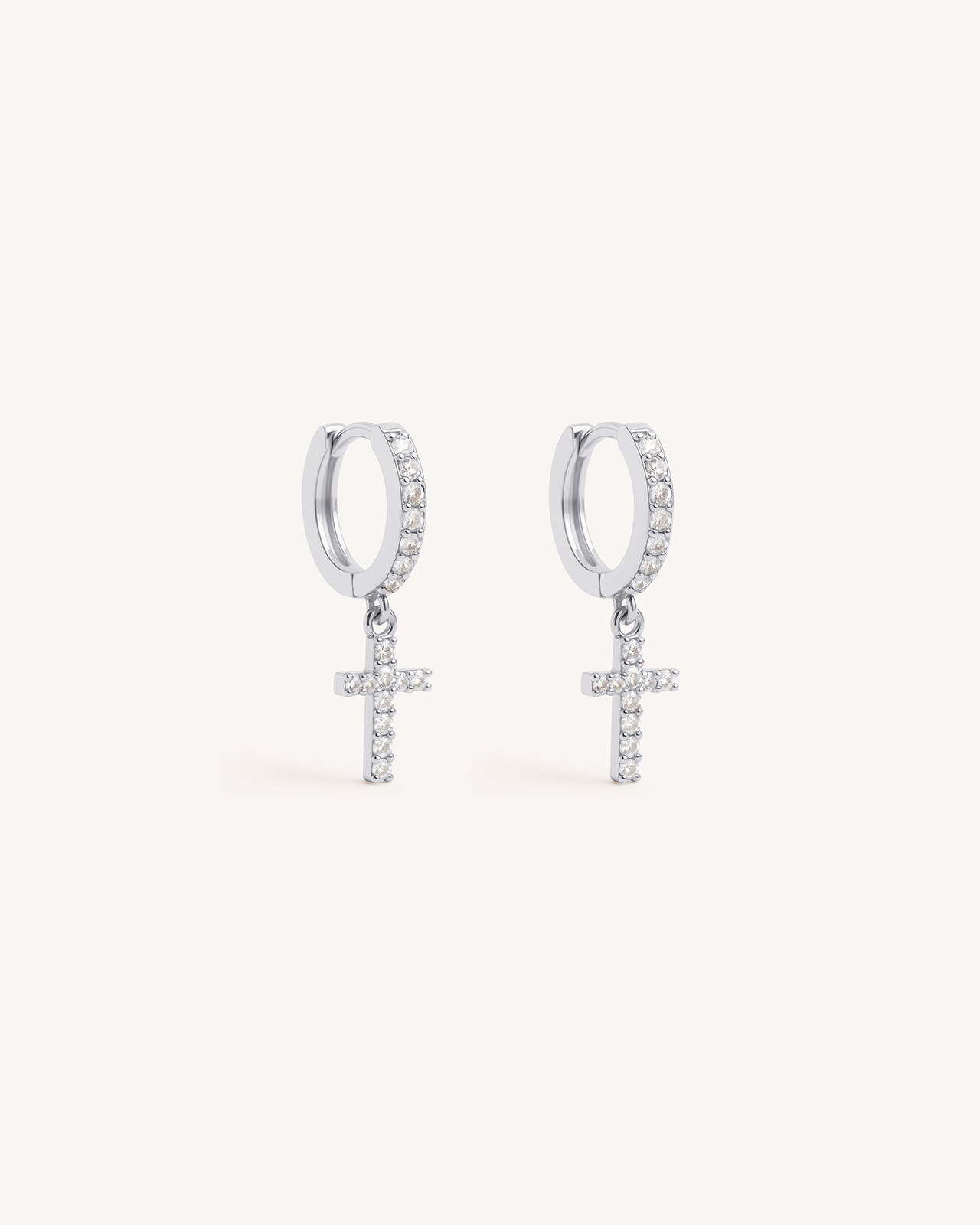 Tiny Cross Pave Dangle Huggie Hoops in Silver