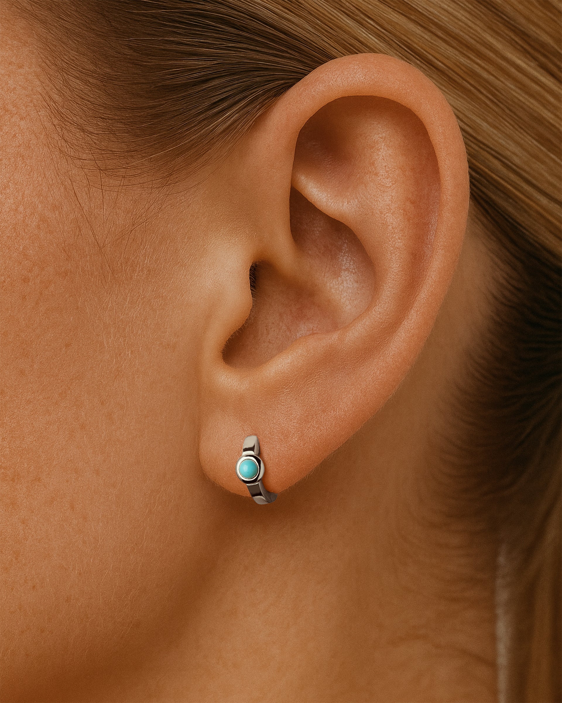 Turquoise Huggie Hoops in Silver — alternate view