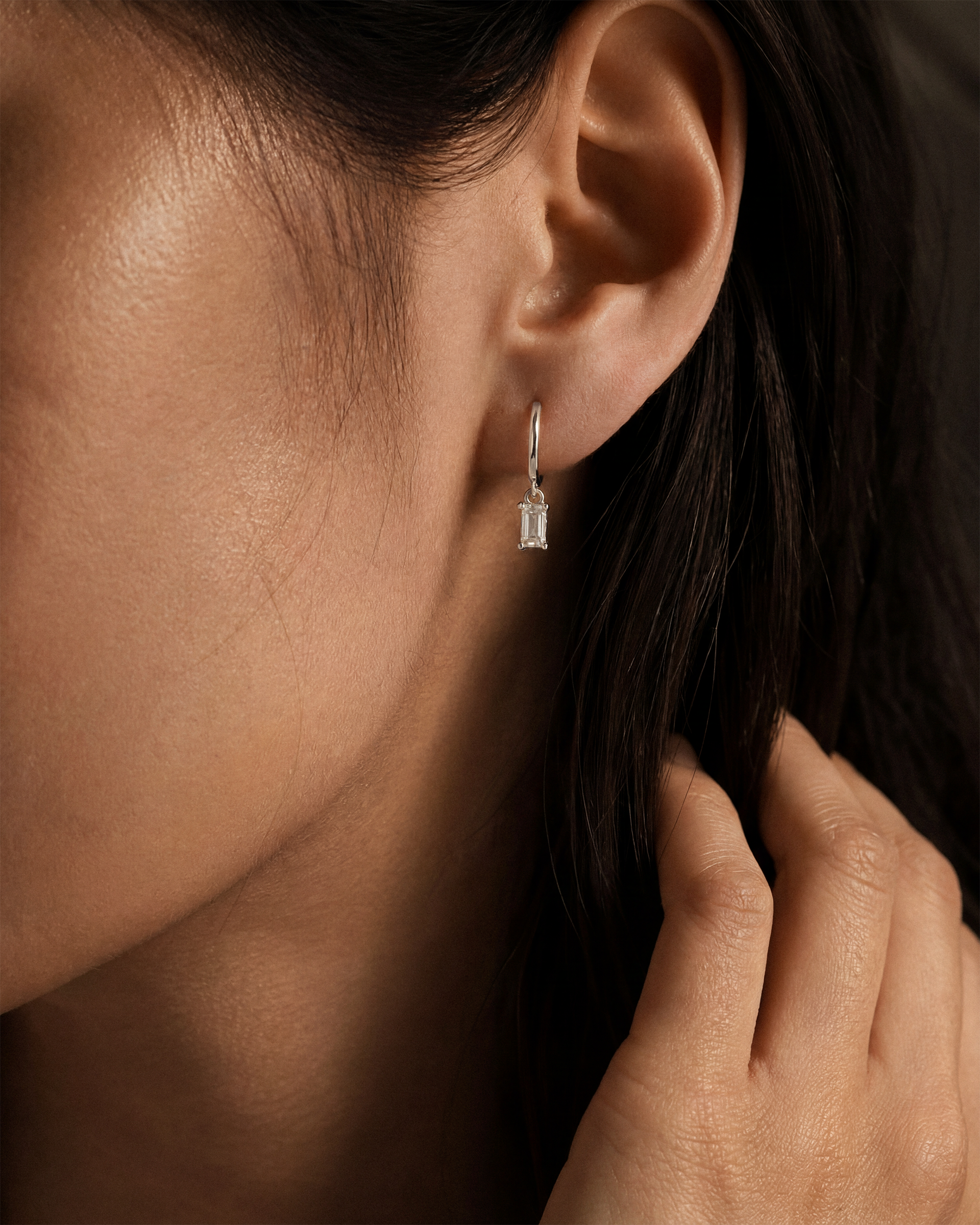 Dangle Baguette Huggie Hoops in Silver — Crystal — alternate view