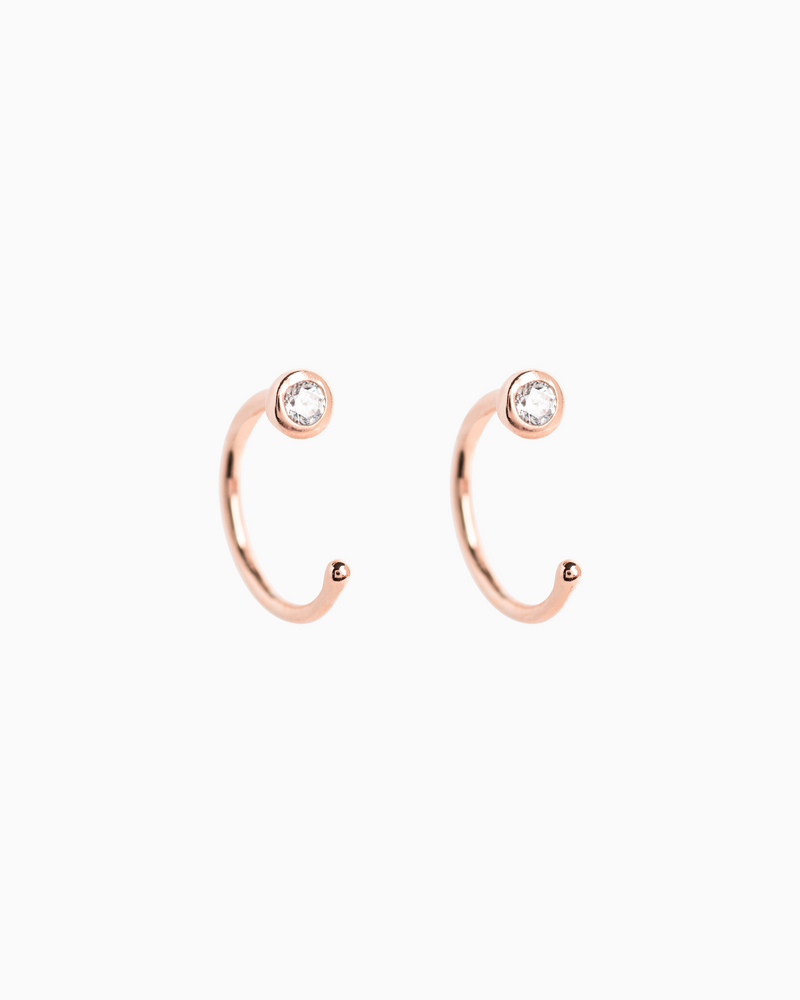 Mini Bezel Open Huggie Earrings in Rose Gold