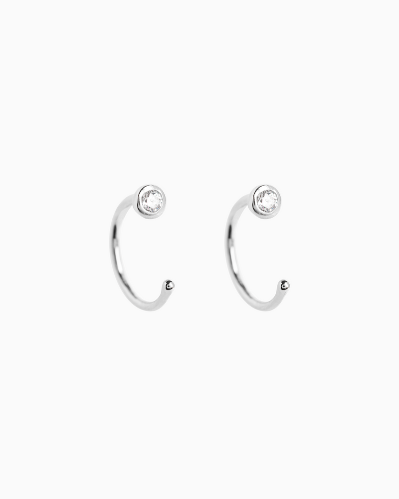 Mini Bezel Open Huggie Earrings in Sterling Silver