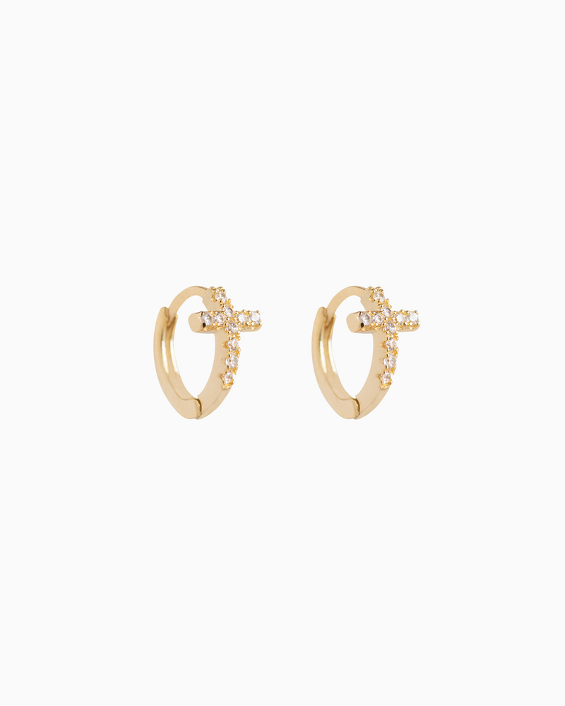 Pavé Cross Huggie Hoops Gold Plated over Sterling Silver