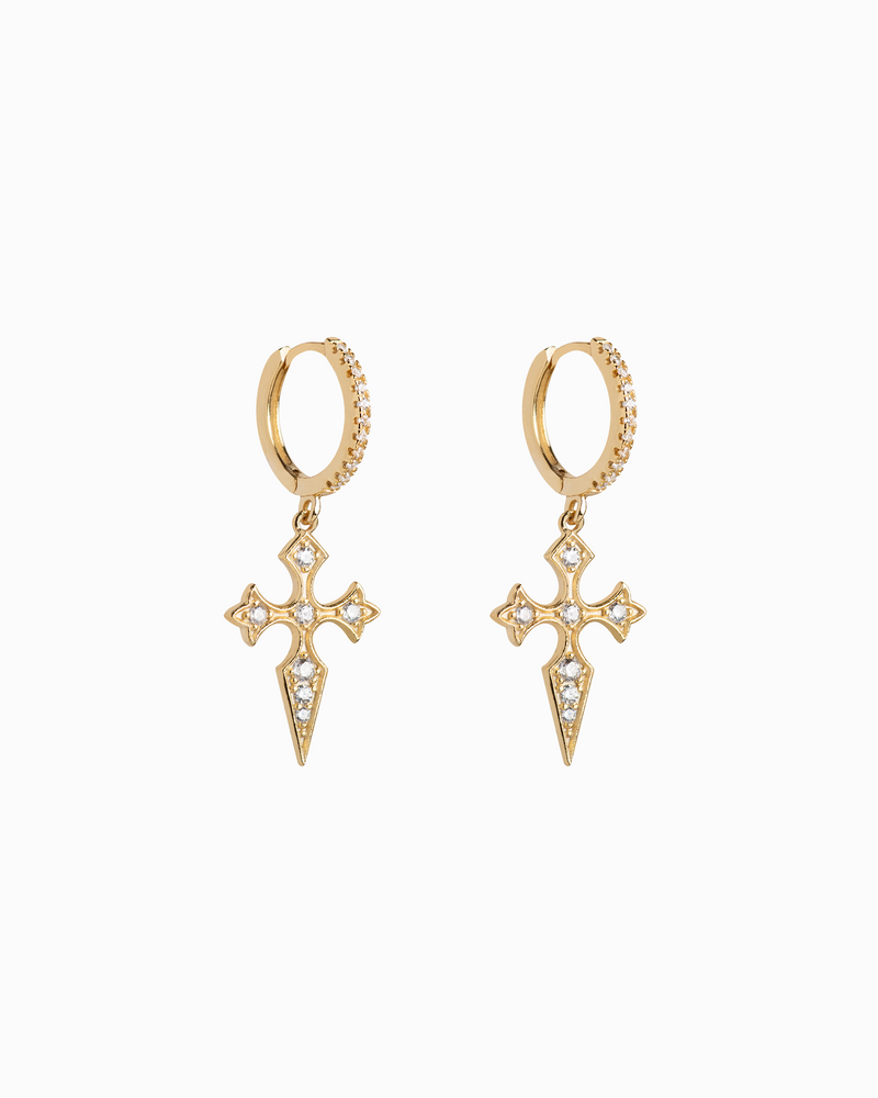 Pavé Cross Dangle Hoops Gold Plated Sterling Silver